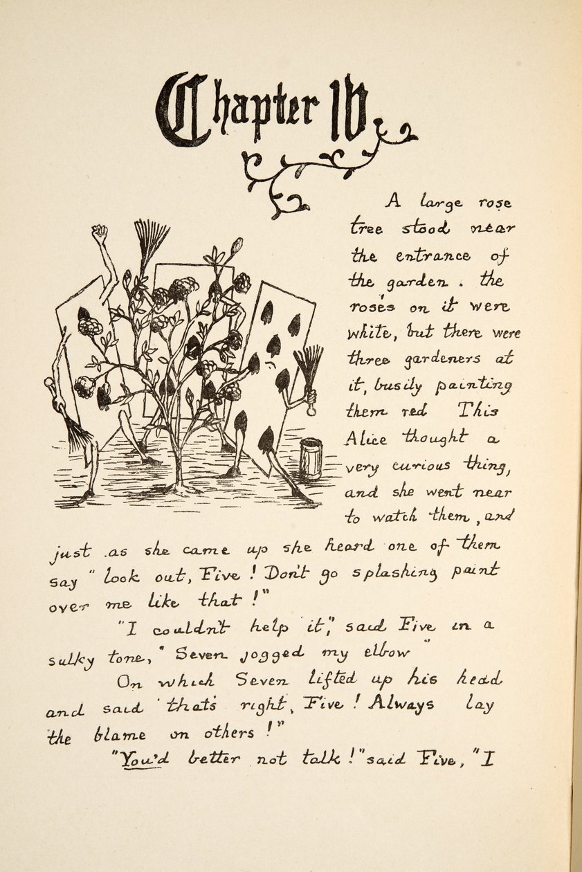 Játékkártyák festése a Fehér Rózsa vörös, illusztráció az Alices Adventures Under Ground, pub. 1886 (fakszimile) alkotó: Charles Lutwidge Dodgson