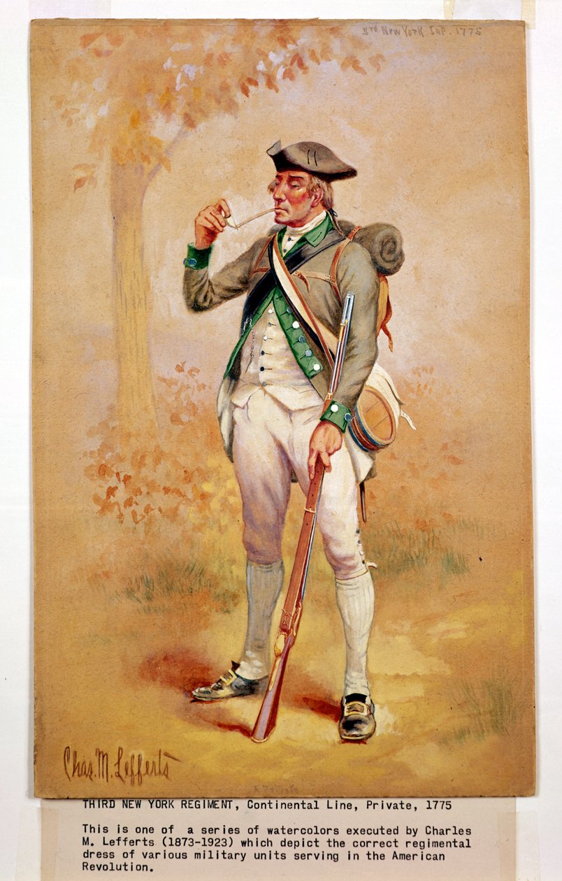 A 3. New York-i ezred egyik közlegényének egyenruhája 1775-ben, 1920 körül. alkotó: Charles MacKubin Lefferts