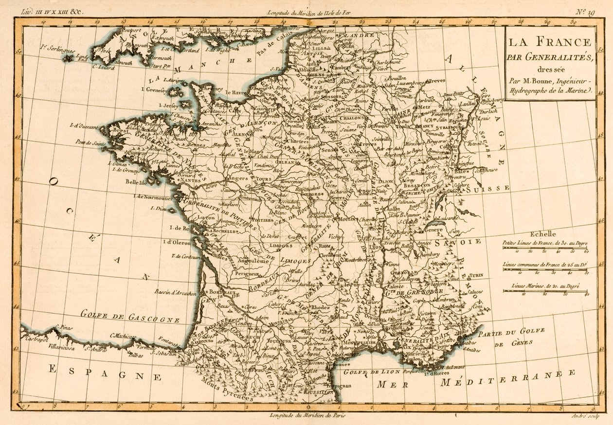 Franciaország régiók szerint, Guillaume Raynal (1713-96) 1780-ban megjelent „A földgömb összes ismert részének atlaszából” alkotó: Charles Marie Rigobert Bonne