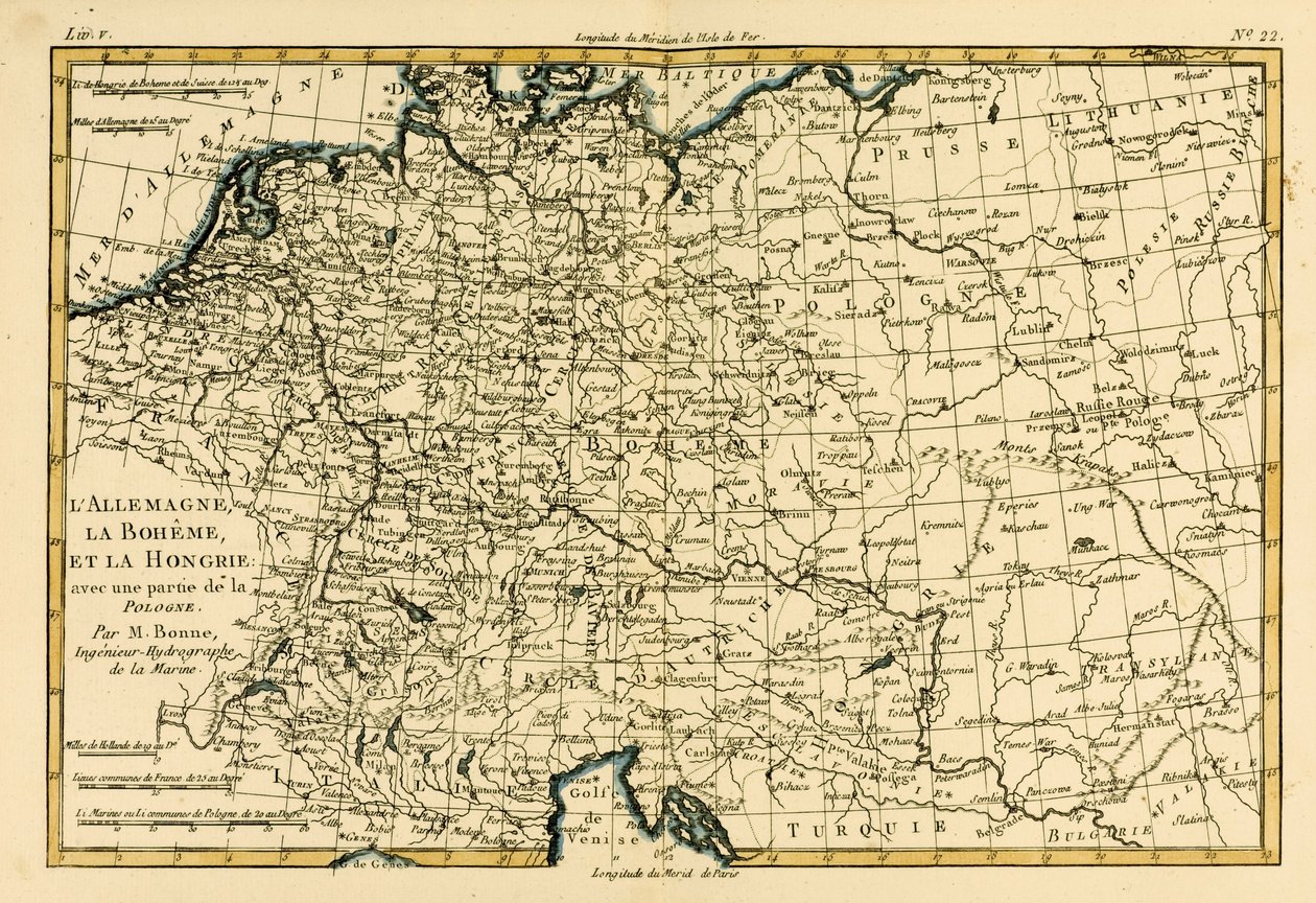 Németország, Csehország és Magyarország, Lengyelország egy részével, Guillaume Raynal (1713-96) „Atlas de Toutes les Parties Connues du Globe Terrestre” című művéből, Genfben, 1780 alkotó: Charles Marie Rigobert Bonne