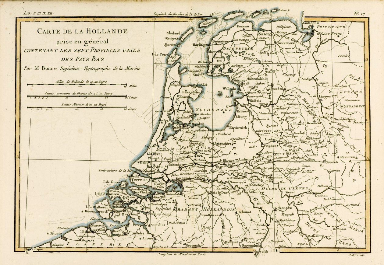 Hollandia, beleértve Németalföld hét egyesült tartományát, Guillaume Raynal (1713-96) 1780-ban megjelent „Atlas de Toutes les Parties Connues du Globe Terrestre” című művéből alkotó: Charles Marie Rigobert Bonne
