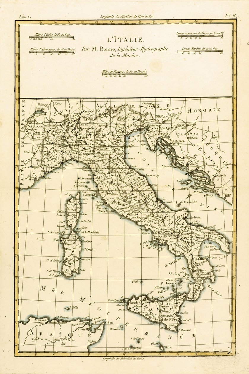 Olaszország, Guillaume Raynal (1713-96) „A földgömb összes ismert részének atlasza” című művéből, Genfben, 1780-ban. alkotó: Charles Marie Rigobert Bonne