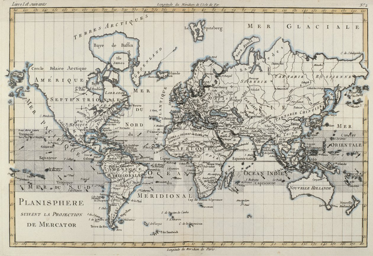A világtérkép Mercator-vetülettel, Guillaume Raynal (1713-96) „A Földgömb összes ismert részének atlasza” című művéből, Genfben, 1780 alkotó: Charles Marie Rigobert Bonne
