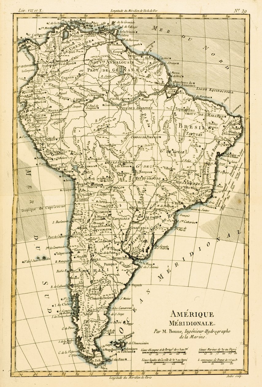 Dél-Amerika, Guillaume Raynal (1713-96) "Atlas de Toutes les Parties Connues du Globe Terrestre" című, 1780-ban Genfben kiadott művéből. alkotó: Charles Marie Rigobert Bonne