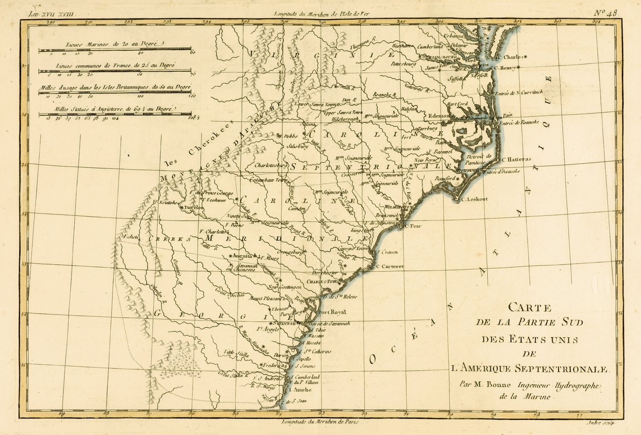 Amerika délkeleti partvidéke, Guillaume Raynal (1713-96) „A Globe Terrestre összes ismert részének atlasza” című művéből, J L Pellet, Genf, 1780 (színes metszet) alkotó: Charles Marie Rigobert Bonne