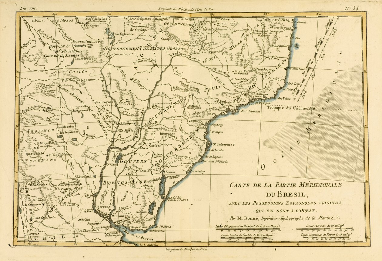 Dél-Brazília, Guillaume Raynal (1713-96) „A földgömb összes ismert részének atlasza” című művéből, J L Pellet, Genf, 1780 alkotó: Charles Marie Rigobert Bonne