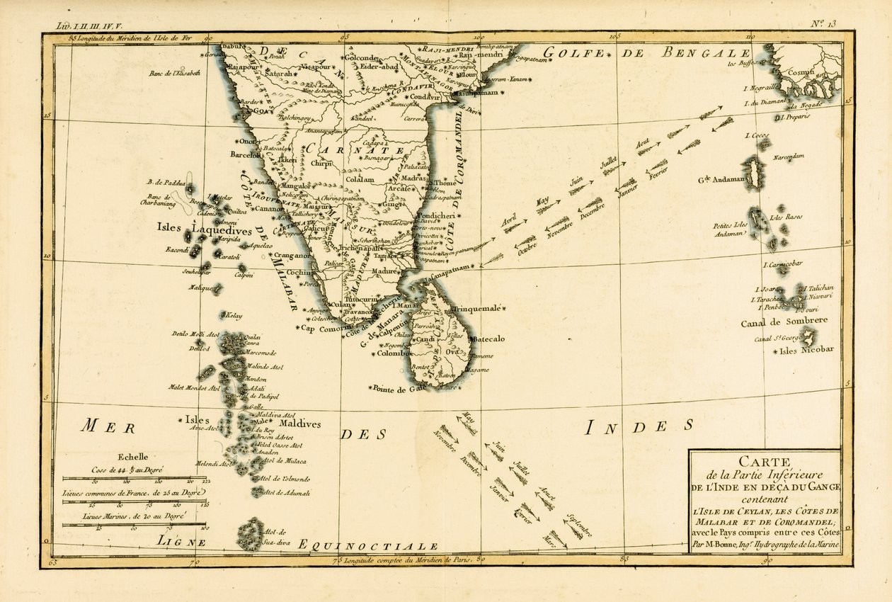 Dél-India és Ceylon, Guillaume Raynal (1713-96) „A földgömb összes ismert részének atlasza” című művéből, J L Pellet, Genf, 1780 alkotó: Charles Marie Rigobert Bonne