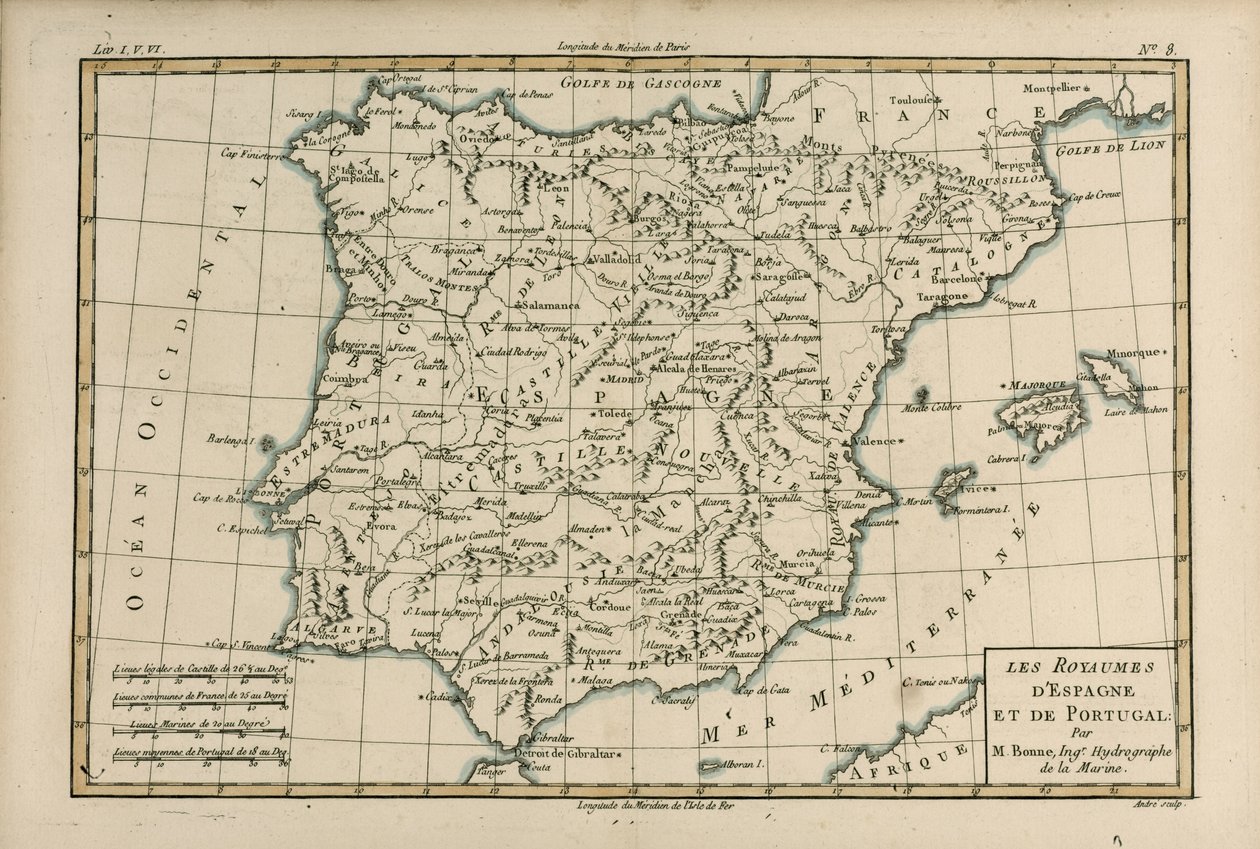Spanyolország és Portugália, Guillaume Raynal (1713-96) „A földgömb összes ismert részének atlasza” című művéből, Genfben, 1780-ban. alkotó: Charles Marie Rigobert Bonne
