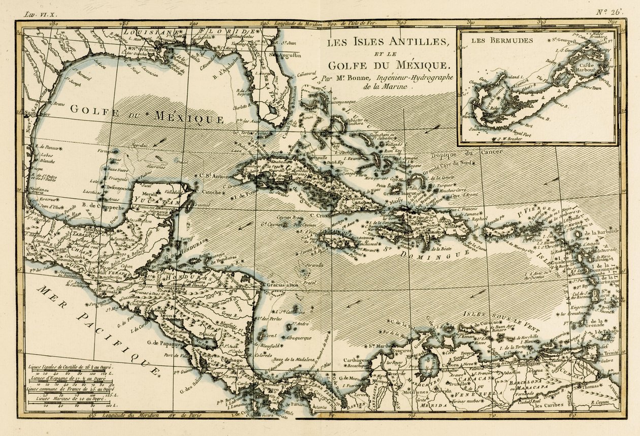 Az Antillák és a Mexikói-öböl, Guillaume Raynal (1713-96) „A Földgömb összes ismert részének atlasza” című művéből, amely 1780-ban jelent meg Genfben alkotó: Charles Marie Rigobert Bonne