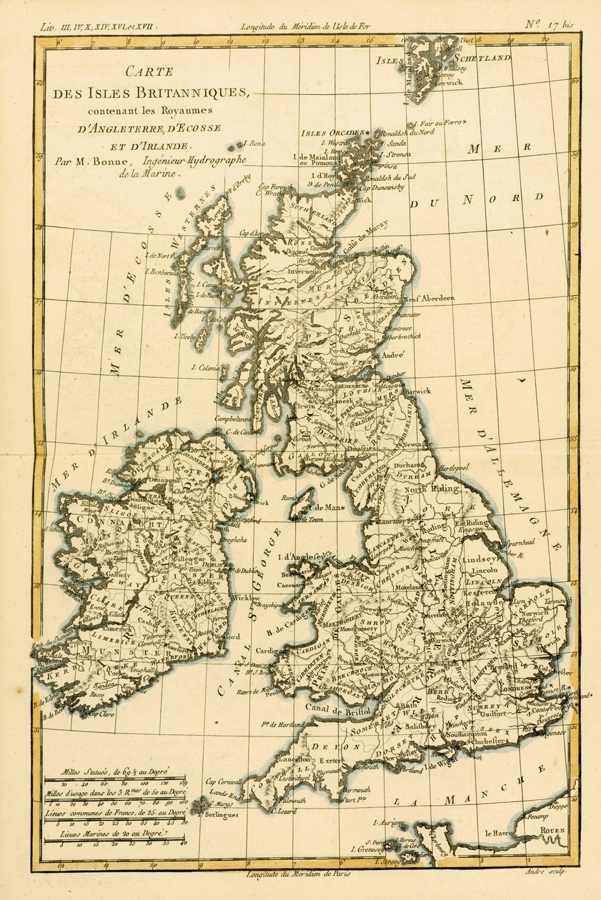 A Brit-szigetek, beleértve az angol, a skót és az ír királyságot, Guillaume Raynal (1713-96) „Atlas de Toutes les Parties Connues du Globe Terrestre” című művéből, amely 1780-ban jelent meg (színes metszet) alkotó: Charles Marie Rigobert Bonne