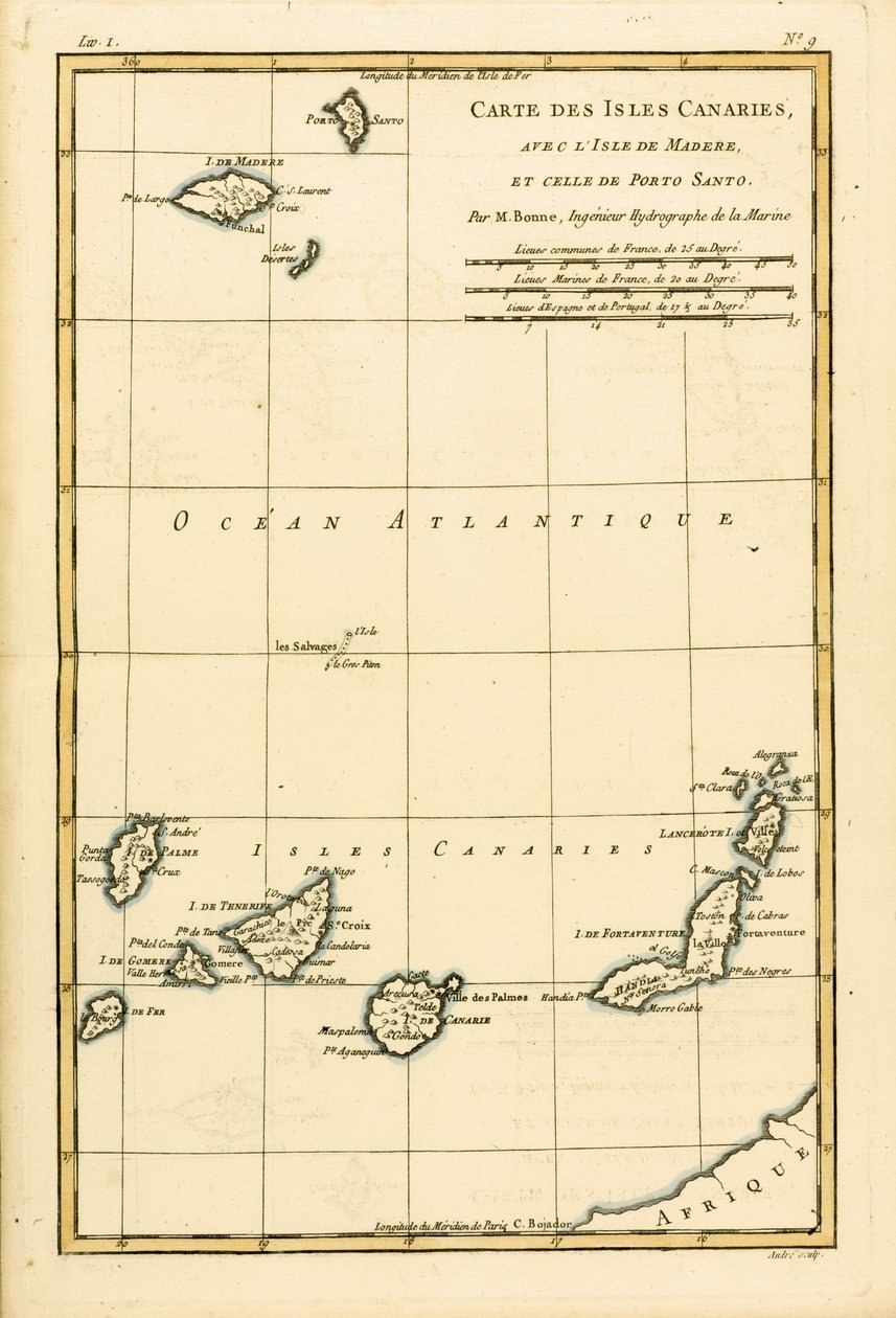 A Kanári-szigetek, Madeira és Porto Santo, Guillaume Raynal (1713-96) „A Földgömb összes ismert részének atlasza” című művéből, amely 1780-ban jelent meg Genfben alkotó: Charles Marie Rigobert Bonne