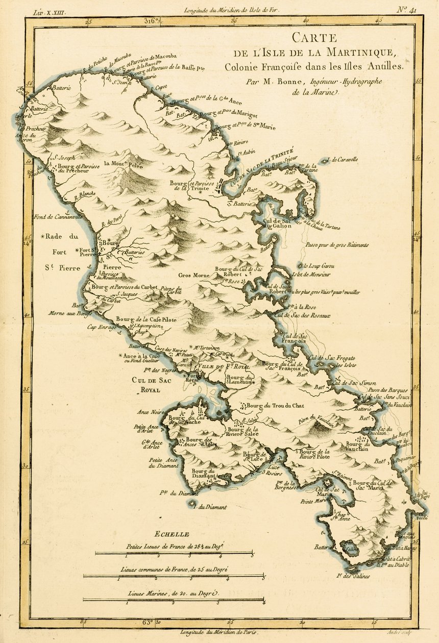 Martinique szigete, Guillaume Raynal (1713-96) "Atlas de Toutes les Parties Connues du Globe Terrestre" című, 1780-ban kiadott művéből. alkotó: Charles Marie Rigobert Bonne
