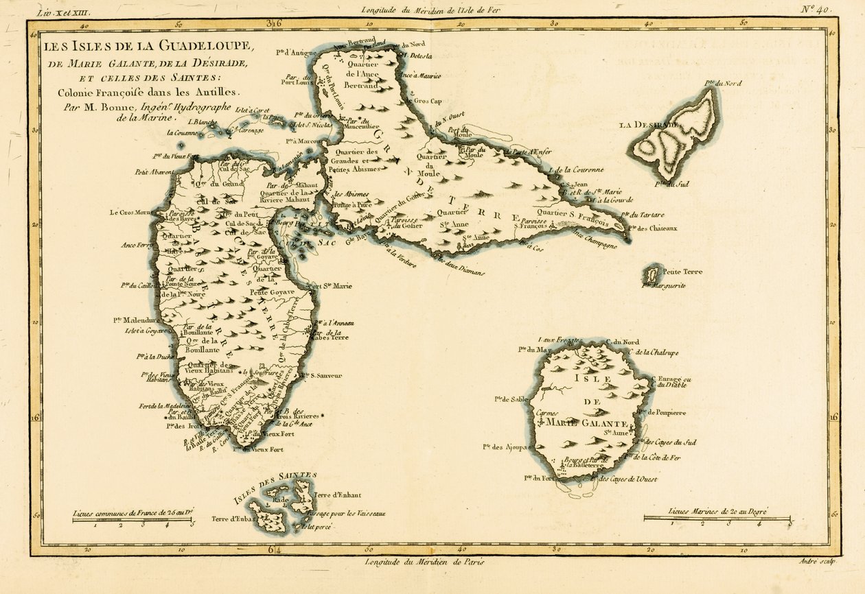 Guadeloupe szigetei, Marie-Galante, La Desirade és az Isles des Saintes, francia gyarmatok az Antillákon, Guillaume Raynal „A Globe Terrestre összes ismert pártjának atlaszából” (17. alkotó: Charles Marie Rigobert Bonne