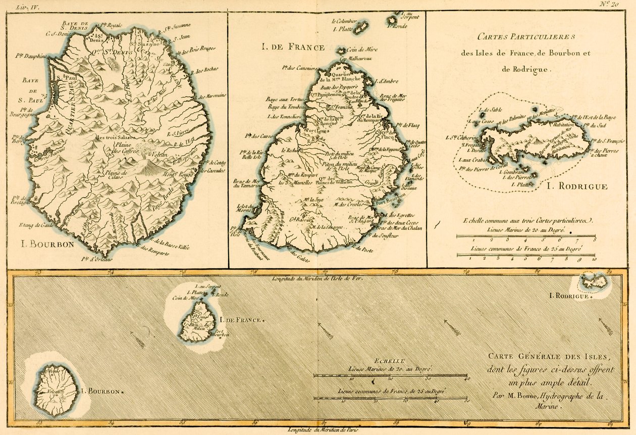 Rodriguez, Isle de France és Bourbon szigetei Guillaume Raynal (1713-96) „A Globe Terrestre összes ismert részének atlasza” című művéből, amely 1780-ban jelent meg alkotó: Charles Marie Rigobert Bonne