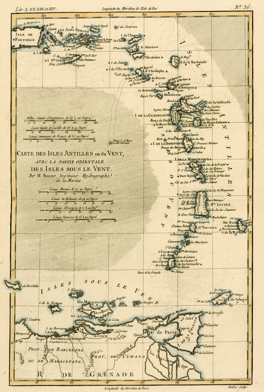 A Kis-Antillák vagy a Szél felőli szigetek a Leeward-szigetek keleti részével, Guillaume Raynal (1713-96) „Atlas de Toutes les Parties Connues du Globe Terrestre” című művéből, J L Pe. alkotó: Charles Marie Rigobert Bonne