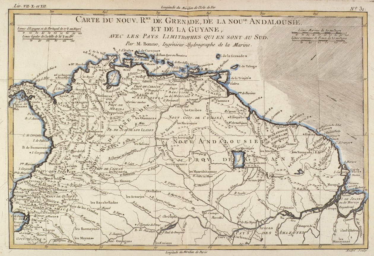 Grenada, Új Andalúzia és Guyana új királyságai, Guillaume Raynal (1713-96) Genf, 1780 „A földgömb összes ismert részének atlasza” című művéből alkotó: Charles Marie Rigobert Bonne