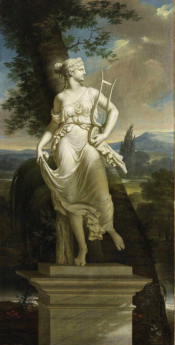 Polyhymnia szobra egy tájképben alkotó: Charles Meynier
