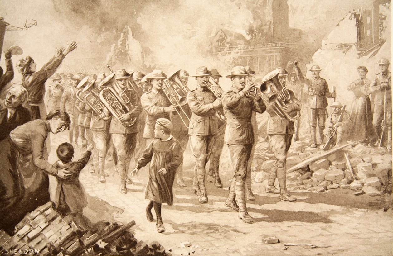 A diadal zenéje: A győztes ausztrálok belépése Bapauméba, 1917. március 17. alkotó: Charles Mills Sheldon