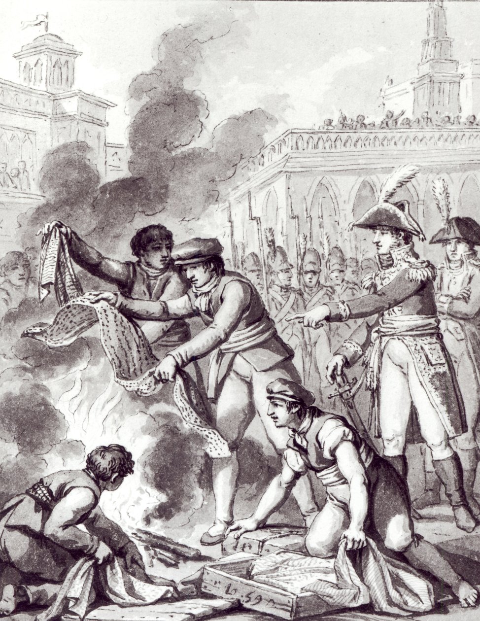 Amszterdamban égett angol áru (toll, tinta és mosás papíron) alkotó: Charles Monnet