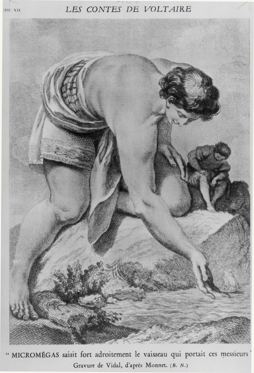 „A Micromegas ügyesen felveszi a hajót, amely ezeket az urakat szállította”, Francois Marie Arouet de Voltaire (1694–1778) „Les Contes” című művéből, Gerard Vidal (1742–1801) metszetével. alkotó: Charles Monnet