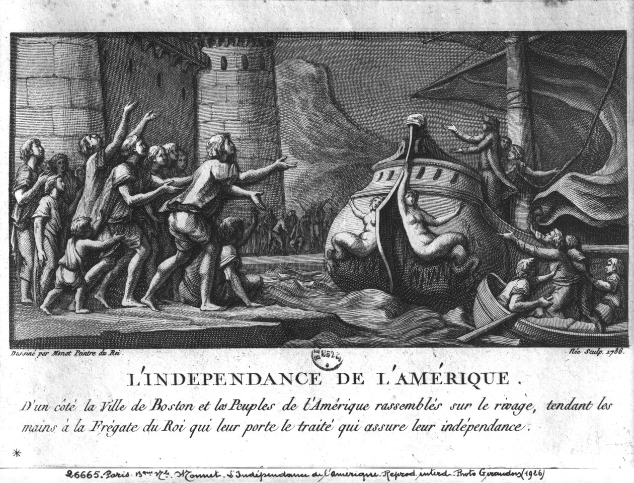 Az American Independence, egy francia fregatt, amely a szerződést Bostonba hozta, vésette: Francois Denis Nee (1732-1817), 1786 alkotó: Charles Monnet