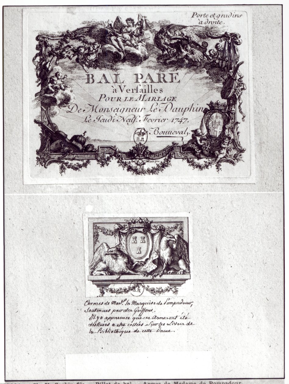 Belépőjegy a versailles-i bálra Monseigneur le Dauphin esküvőjére, 1747. február 9-én és Ex Librisre Madame de Pompadour (1721-64) karjaival alkotó: Charles Nicolas II Cochin