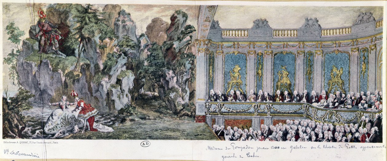 Jeanne Antoinette Poisson (1721-64), de Pompadour márquise és Rohan vicomte az „Acis et Galatee” című operában a Theater des Petits Cabinets-ben Versailles-ban, 1749. február 10. (helioch) alkotó: Charles Nicolas II Cochin