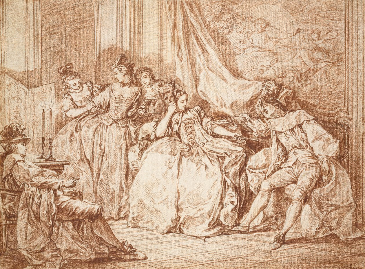 Party of Revellers (grafit vörös krétával, törtfehér papírra, fekete tussal szegélyezve) alkotó: Charles Nicolas II Cochin