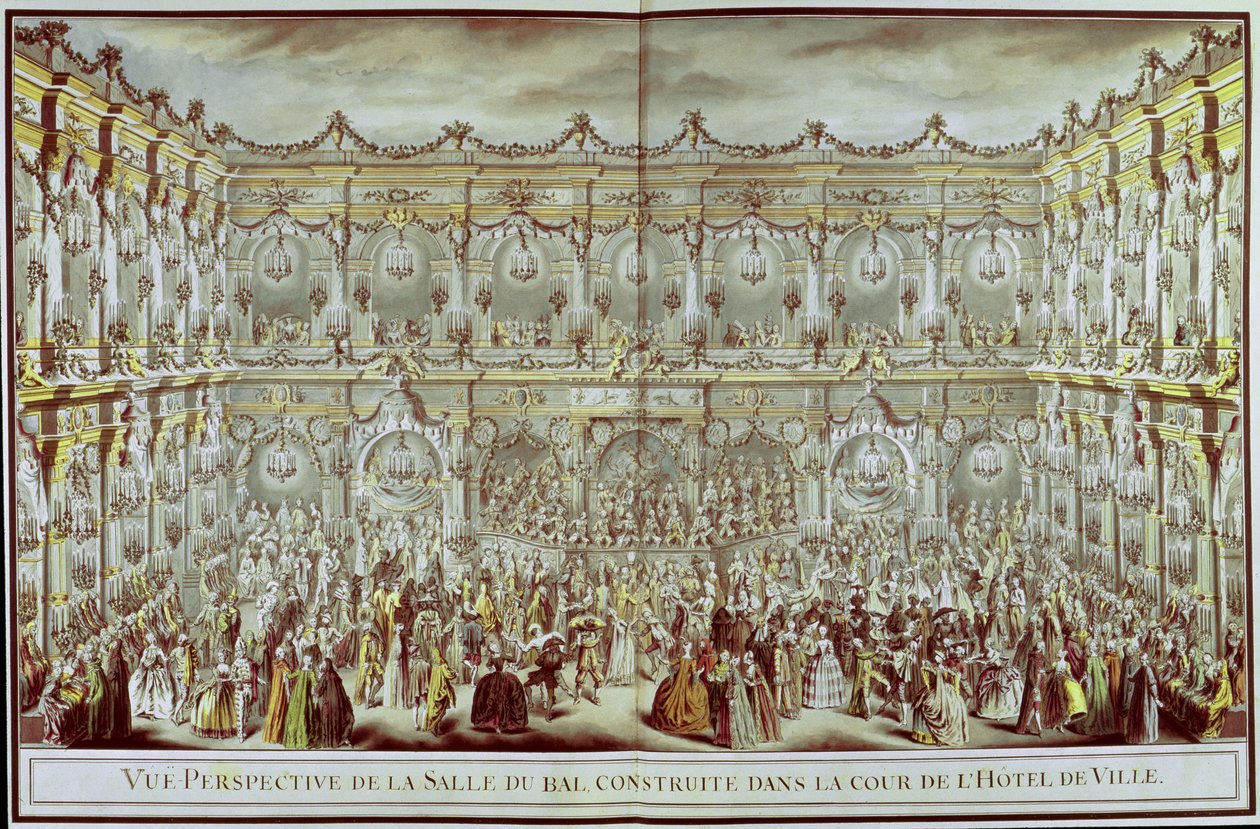Perspektivikus nézet a párizsi Hotel de Ville udvarán a Dauphin és Marie-Therese (1638-83) spanyol Infantával kötött első házassága alkalmából épült bálteremből alkotó: Charles Nicolas II Cochin