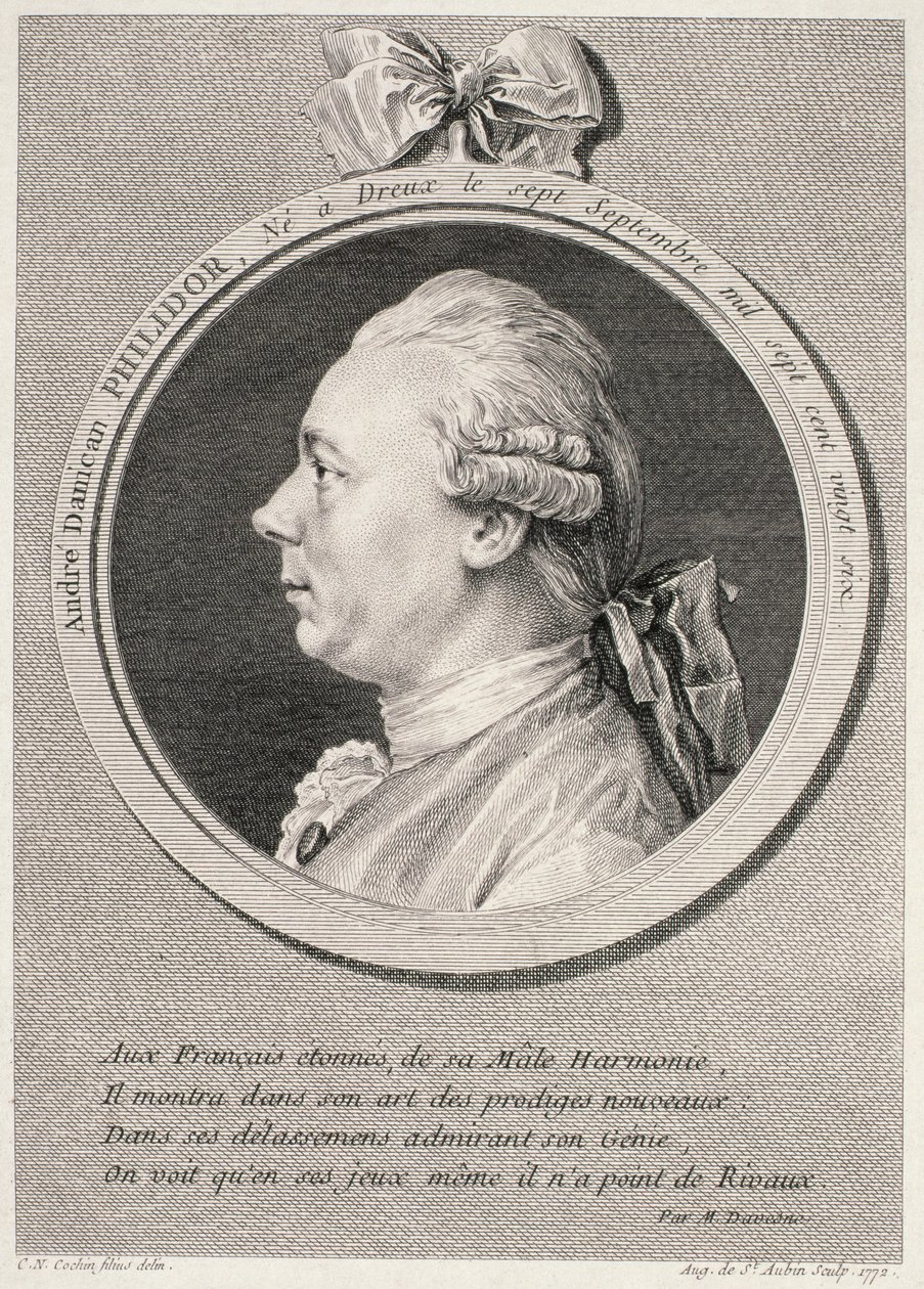 Francois-Andre-Danica Philidor (1726-95) portréja Augustus de Saint-Aubin metszetében, 1772. alkotó: Charles Nicolas II Cochin
