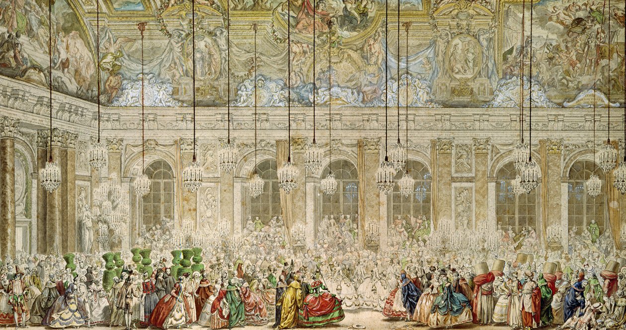 Álarcosbál a Galerie des Glaces-ben, 1745. február 17. (toll, tinta és WC papíron) alkotó: Charles Nicolas II Cochin