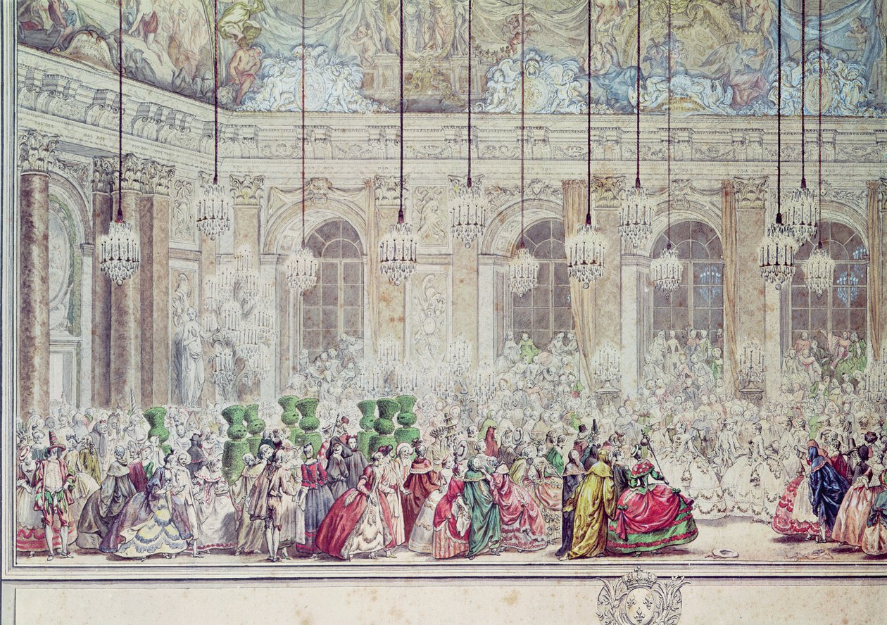 Álarcosbál a Glaces Galériában a Dauphin és Marie-Therese házassága alkalmából, 1745. február 17. (toll és tinta, wc, papír) (részlet) alkotó: Charles Nicolas II Cochin