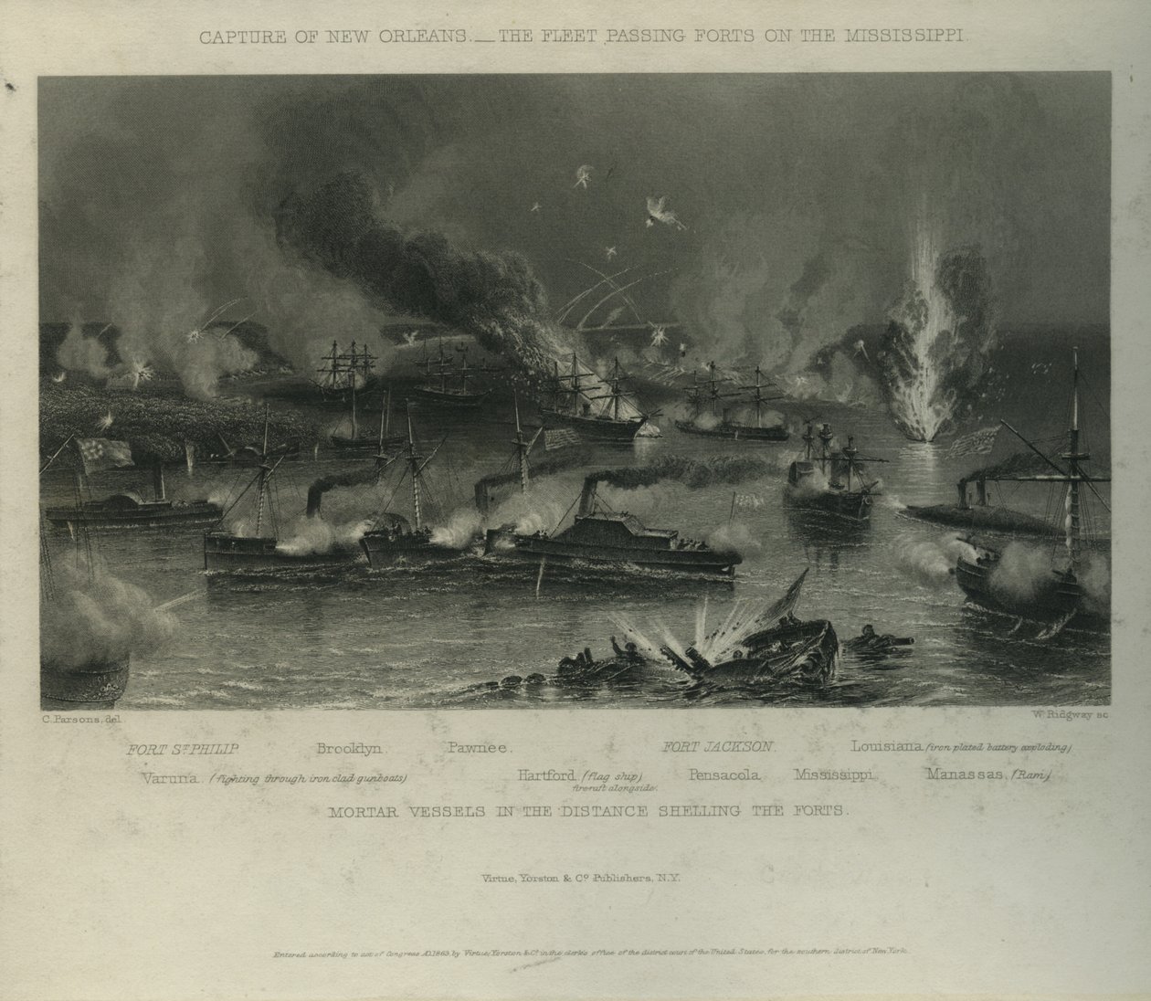 New Orleans elfoglalása: a Mississippi-szigeteki erődök mellett elhaladó flotta, 1862 körül alkotó: Charles Parsons