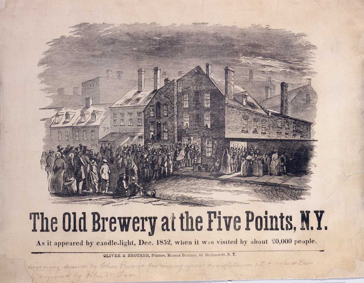 The Old Brewery at the Five Points, New York, ahogy megjelent Candlelight, 1852 decemberében, amikor körülbelül 20 000 ember látogatta meg, metszett John W. Orr (1815-57), kb. 1853 (fametszet) alkotó: Charles Parsons