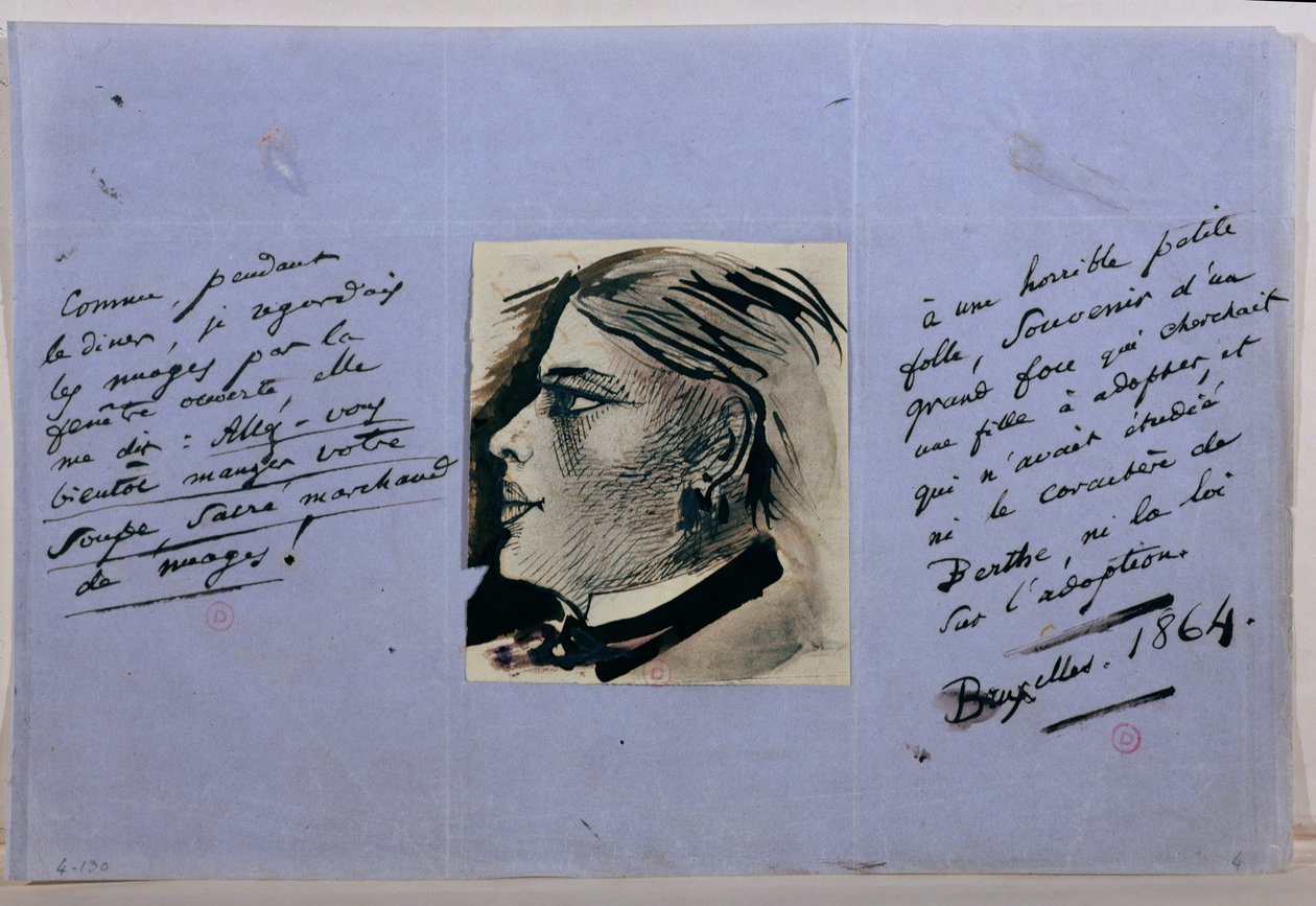 Kéziratos oldal Berthe, Baudelaire utolsó szeretőjének portréjával, Brüsszel 1864 alkotó: Charles Pierre Baudelaire