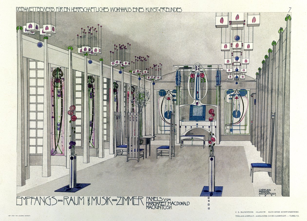 Zenei szoba tervezése panelekkel, Margaret Macdonald Mackintosh (1865-1933) 1901 alkotó: Charles Rennie Mackintosh