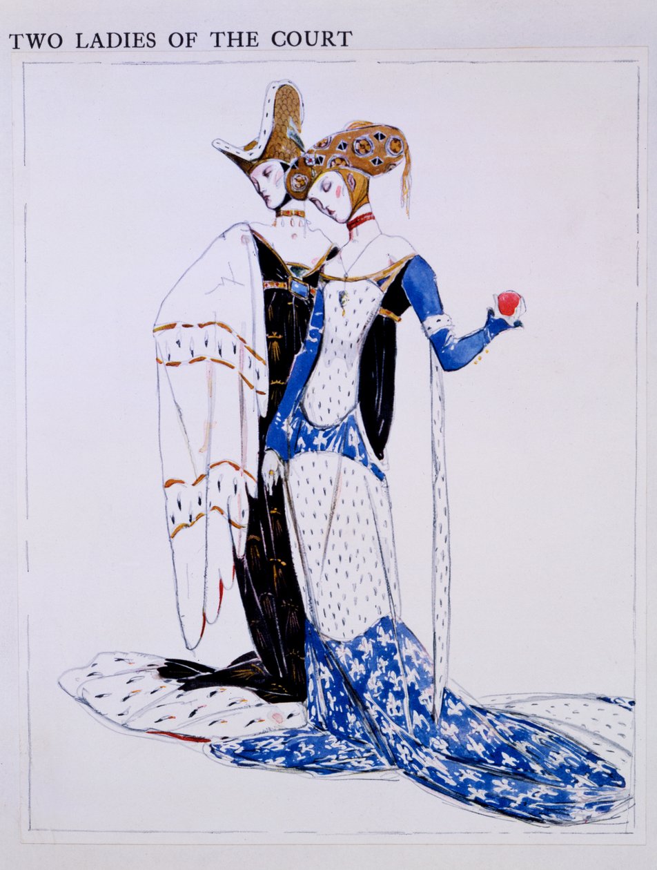 Jelmeztervek két udvarhölgy számára, szereplők George Bernard Shaw „St Joan” című művéből, 1924 körül (wc és ceruza papíron) alkotó: Charles Ricketts