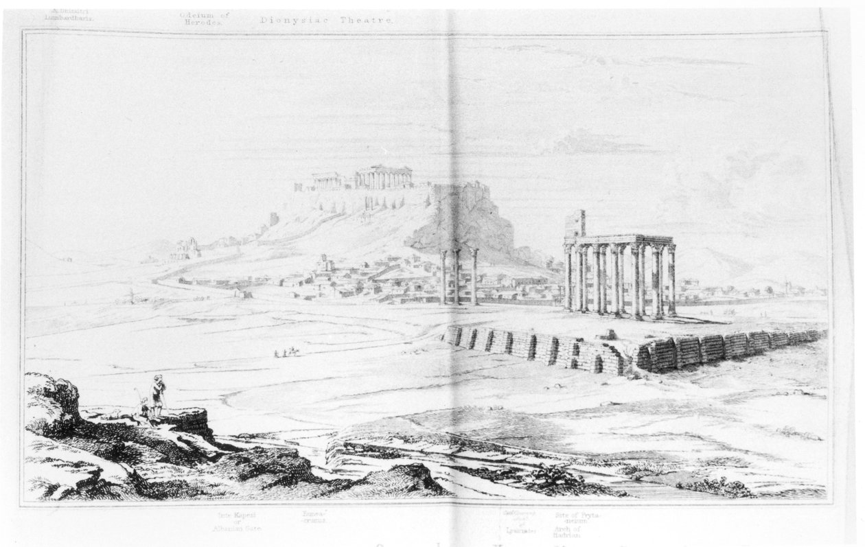 Az athéni Akropolisz déli képe az Ilissus bal partjáról, William Leake (1777-1860) „Athén topográfiája” című művéből, amely 1821-ben jelent meg alkotó: Charles Robert Cockerell