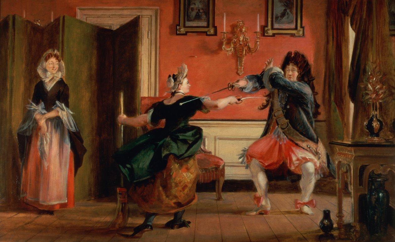 Jourdain bekeríti szobalányát, Nicole a feleségével néz. Jelenet a „Le Bourgeois Gentilhomme” III. felvonás 3. jelenetéből alkotó: Charles Robert Leslie
