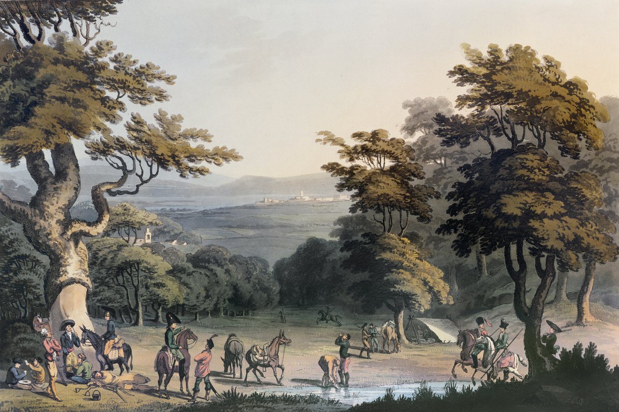 Ciudad Rodrigo távoli képe Espeja falu melletti tölgyesből, 1813 alkotó: Charles Turner