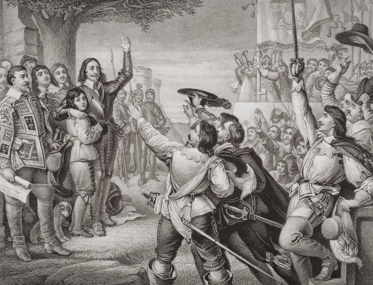 I. Károly (1600-49) a Nagy Polgárháború nyitójelenetében, 1642. augusztus 25-én állítja fel a zászlót Nottinghamben, az „Az angol és skót történelem illusztrációi” I. kötetéből. alkotó: Charles West Cope
