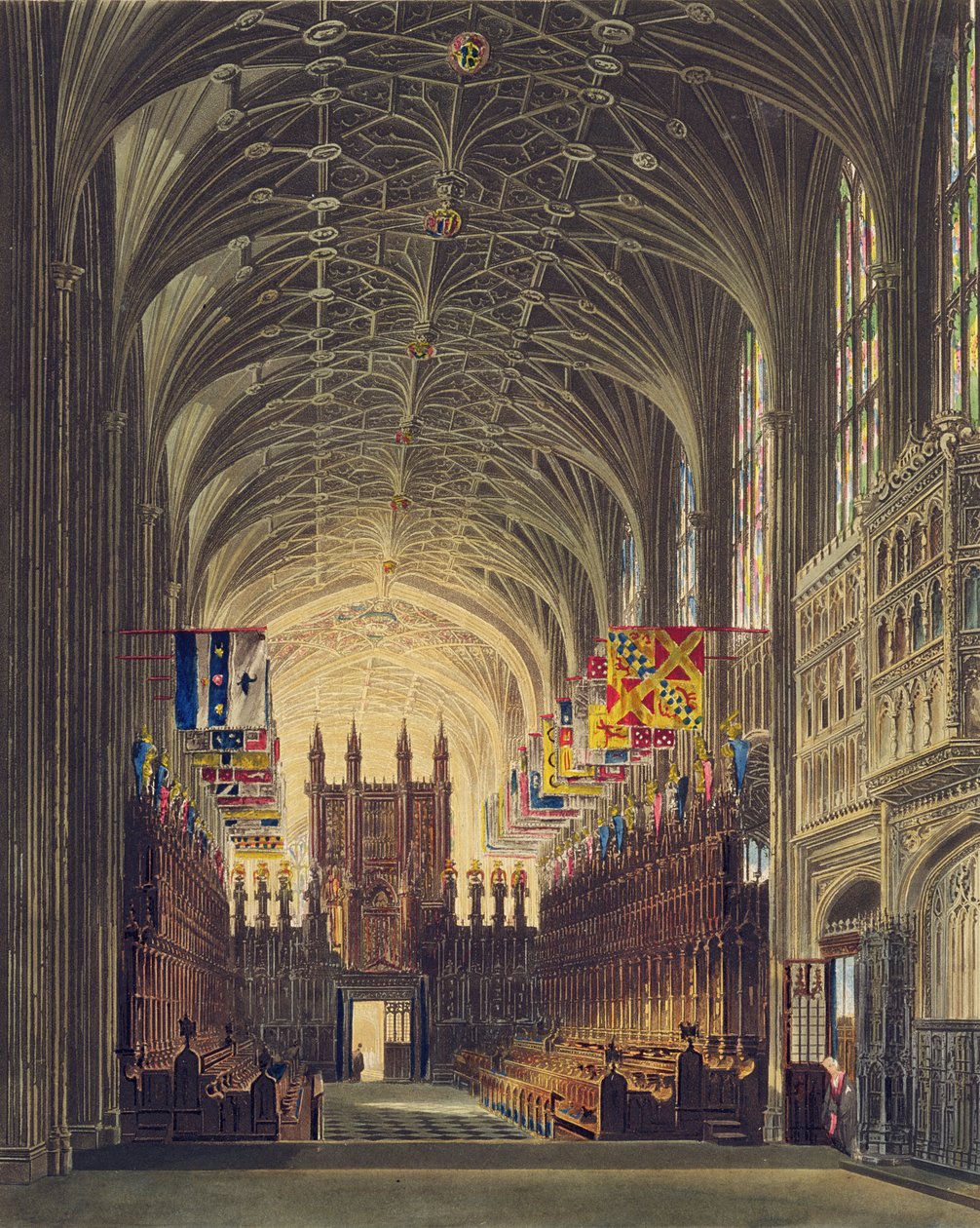 A Szent György-kápolna belseje, Windsor kastély, a "Royal Residences"-ből, Thomas Sutherland (sz.1785) metszete, William Henry Pyne (1769-1843) kiadása, 1819 (aquatinta). alkotó: Charles Wild