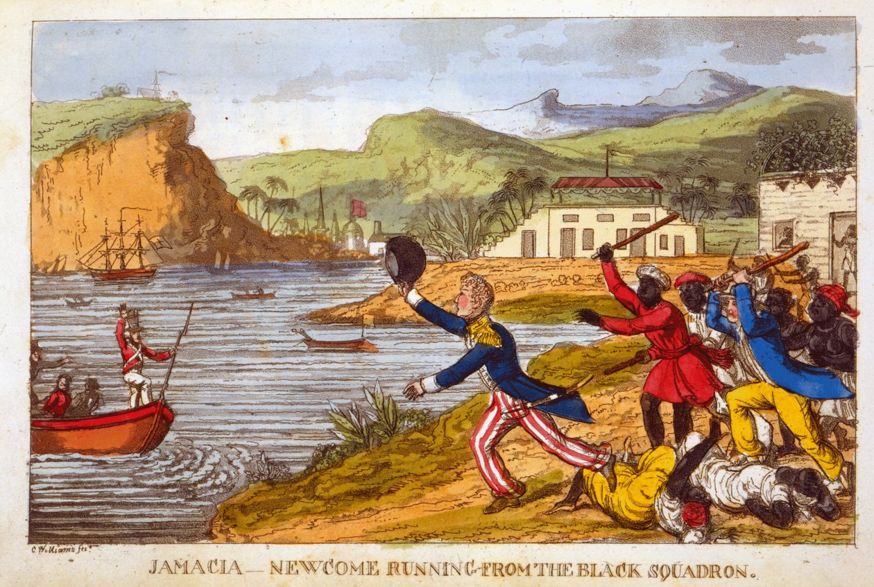"Newcome menekül a fekete század elől", John Mitford (1782-1831) "Johnny Newcome kalandjai a haditengerészetnél" című művéből (színes aquatinta). alkotó: Charles Williams