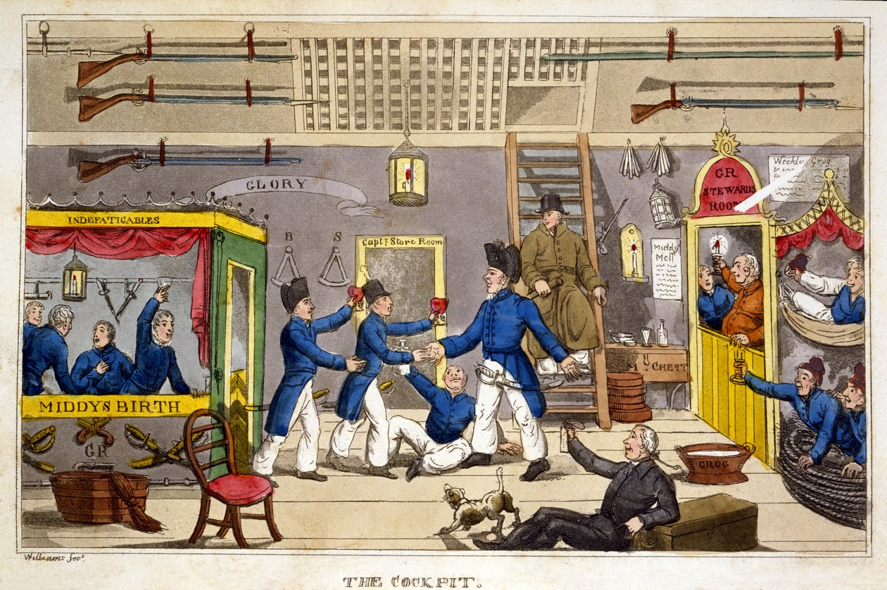 A pilótafülke, John Mitford „The Adventures of Johnny Newcome in the Navy” című lemeze, 1818 (kézzel színezett akvatinta) alkotó: Charles Williams