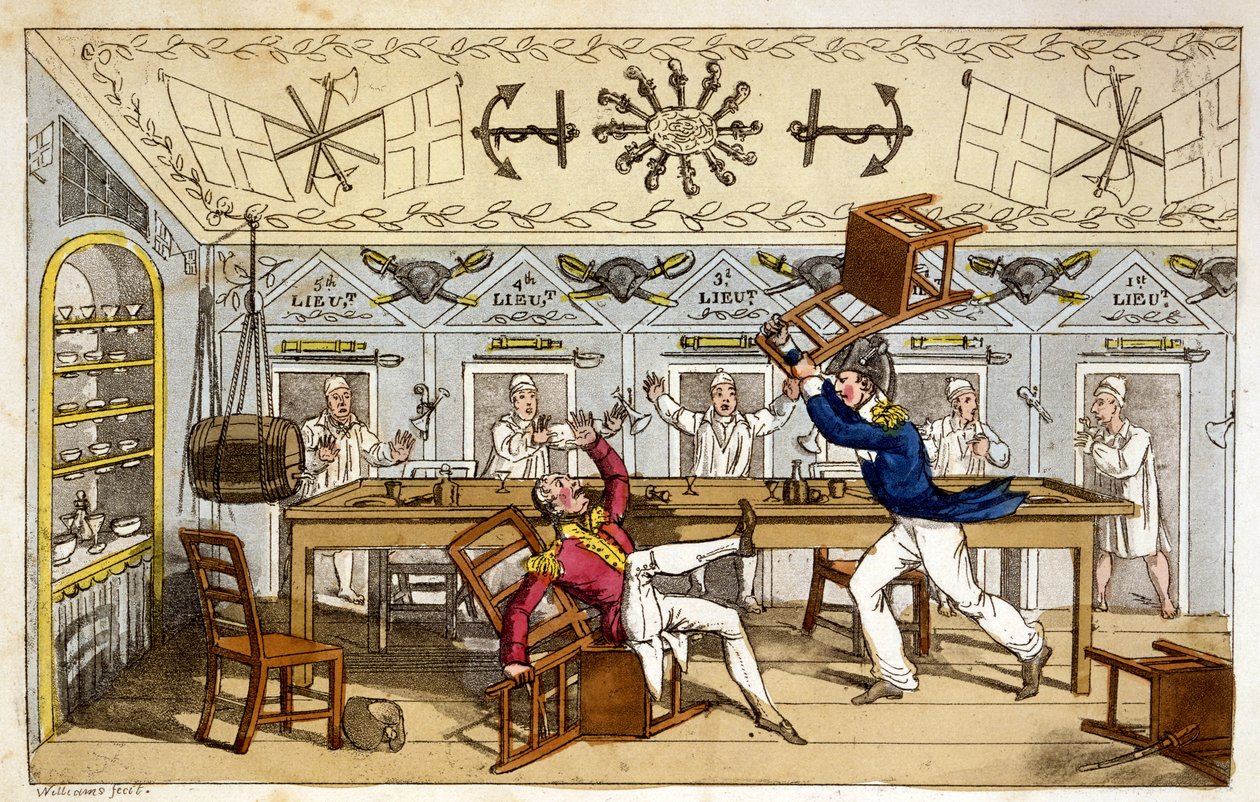 The Ward Room: Newcome és Clackett kapitány, John Mitford "Johnny Newcome kalandjai a haditengerészetben" című művéből, 1818 (kézzel színezett akvatinta) alkotó: Charles Williams