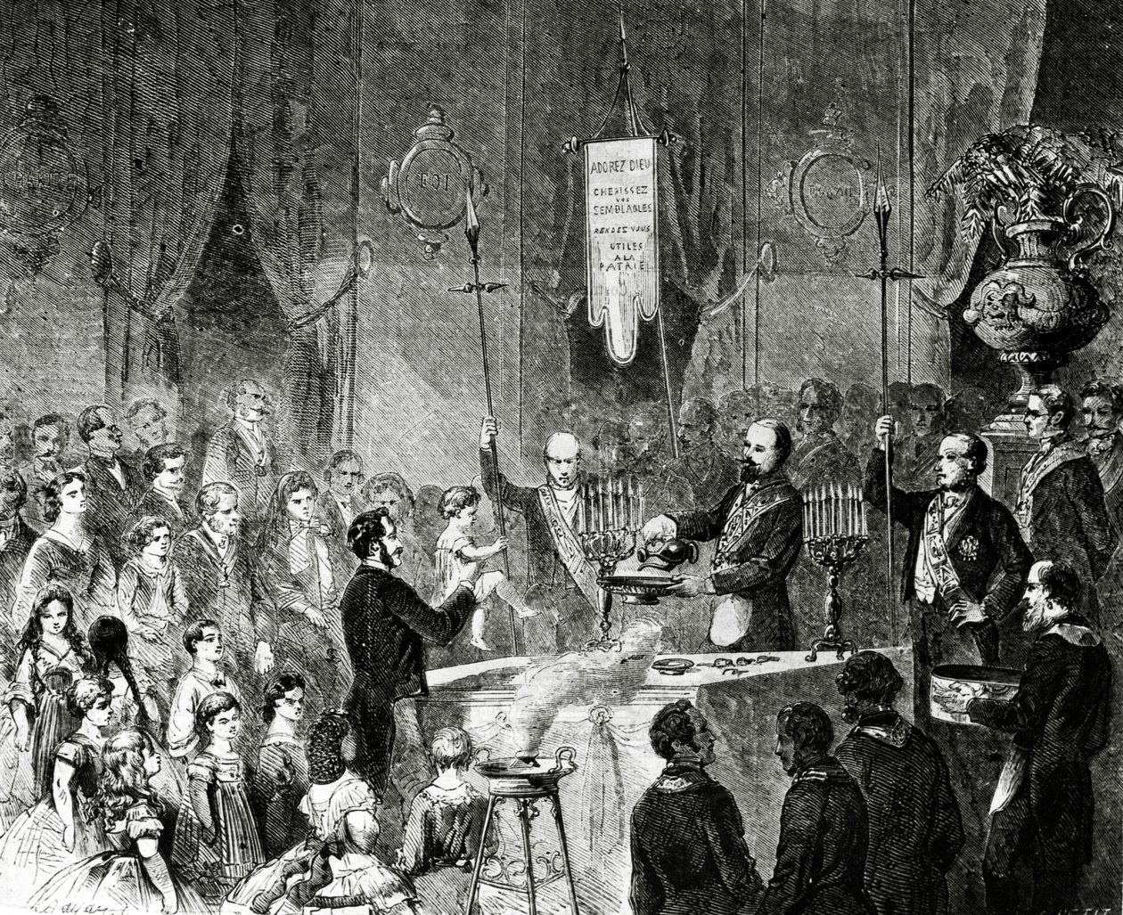 Szabadkőműves keresztelés a testvéri barátság páholyában, Grand Orient de France, Párizs, 1861 alkotó: Charles Yriarte