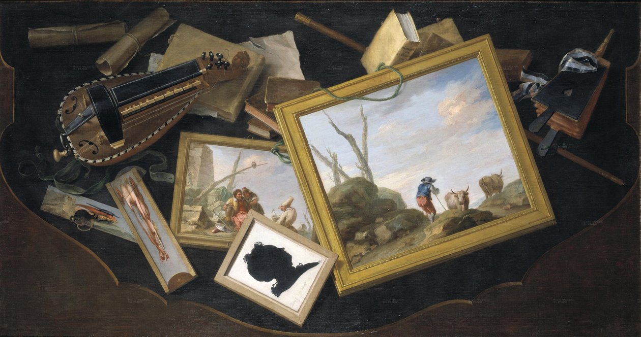 Összerántott asztal festményekkel, hurdy-gurdy-vel, könyvekkel és egyéb trompe l