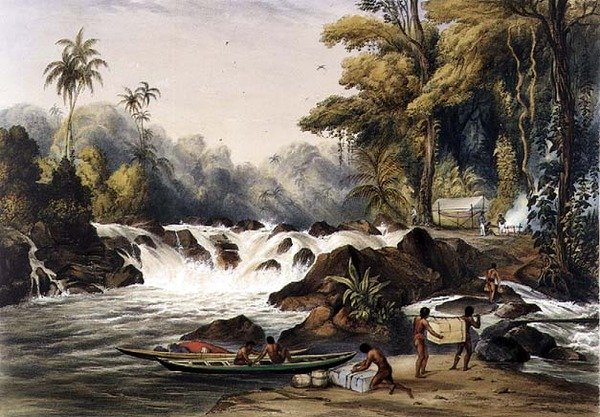 Karácsonyi sziklatörés a Berbice folyón, a "Views in the Interior of Guiana" című képből, Paul Gauci (1834-67) metszete, Ackermann kiadó. alkotó: Charles (after) Bentley