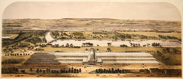 Madártávlat az épületről a Nagy Kiállításhoz, az Ackermann & Co. alkotó: Charles (after) Burton