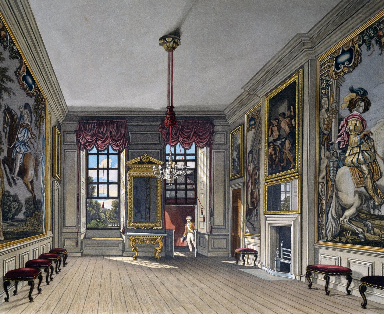 A királynő közönsége, William James Bennett (1787-1844) metszete, Charles Wild (1781-1835) terve alapján, A királyi rezidenciák történetéből alkotó: Charles (after) Wild